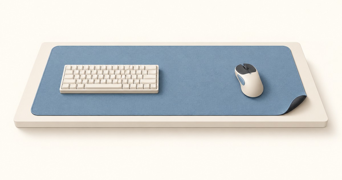 Blue stitched-edge cloth desk mat covering a cream desktop, with a compact white keyboard and gaming mouse, one corner curled to show the backing