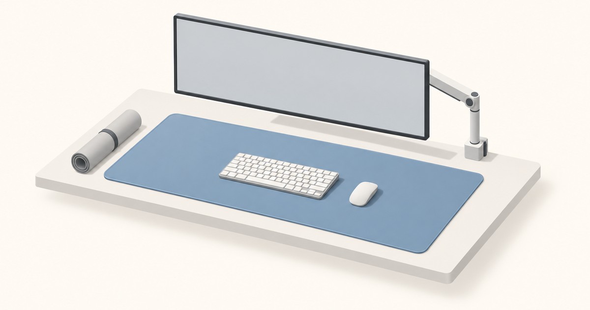A large blue desk mat holding a white keyboard and mouse spans a white desk below an ultrawide monitor on an arm, with a rolled spare mat at the side.