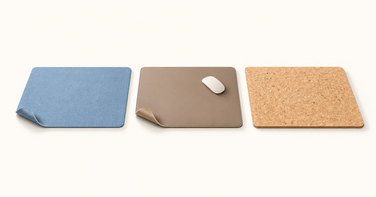 Three desk mats side by side on a cream background: blue woven cloth with a curled corner, taupe leather with a white mouse, and speckled cork.