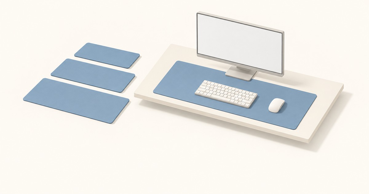 Three blue desk mats in small, medium and large sizes beside a white desk holding an extended mat under a monitor, keyboard and mouse.
