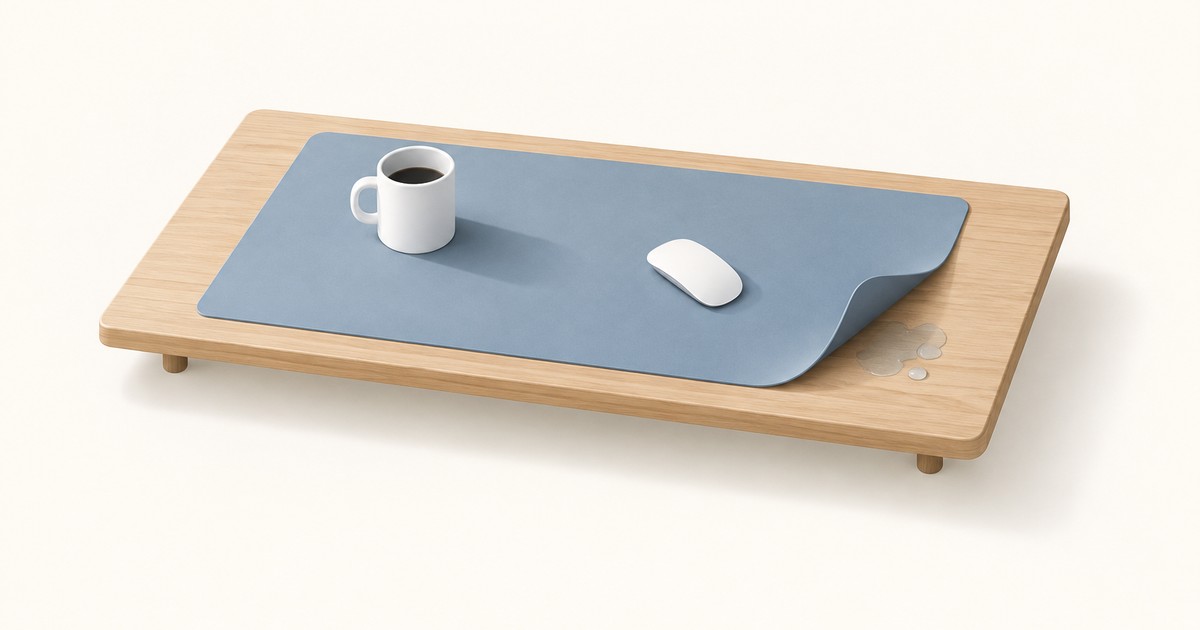 Blue desk mat on a light oak desktop with a coffee mug and white mouse, one corner peeled back to reveal a water spill on the bare wood