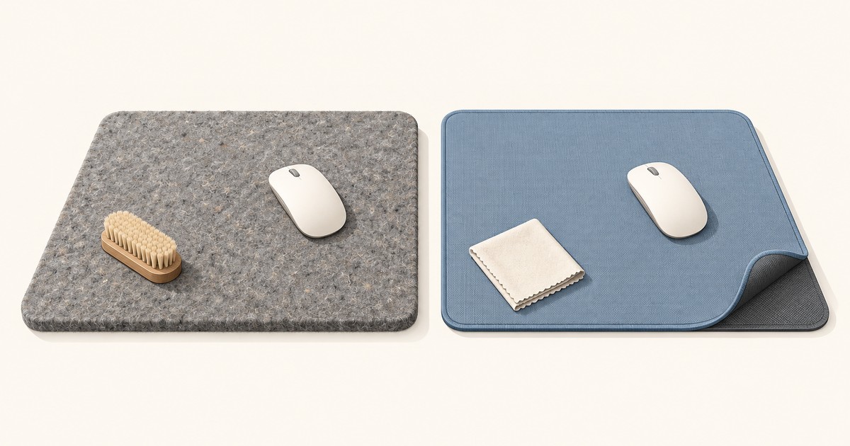 Gray wool felt desk mat with a wooden brush and white mouse beside a blue cloth mat with a folded wipe, white mouse and curled corner
