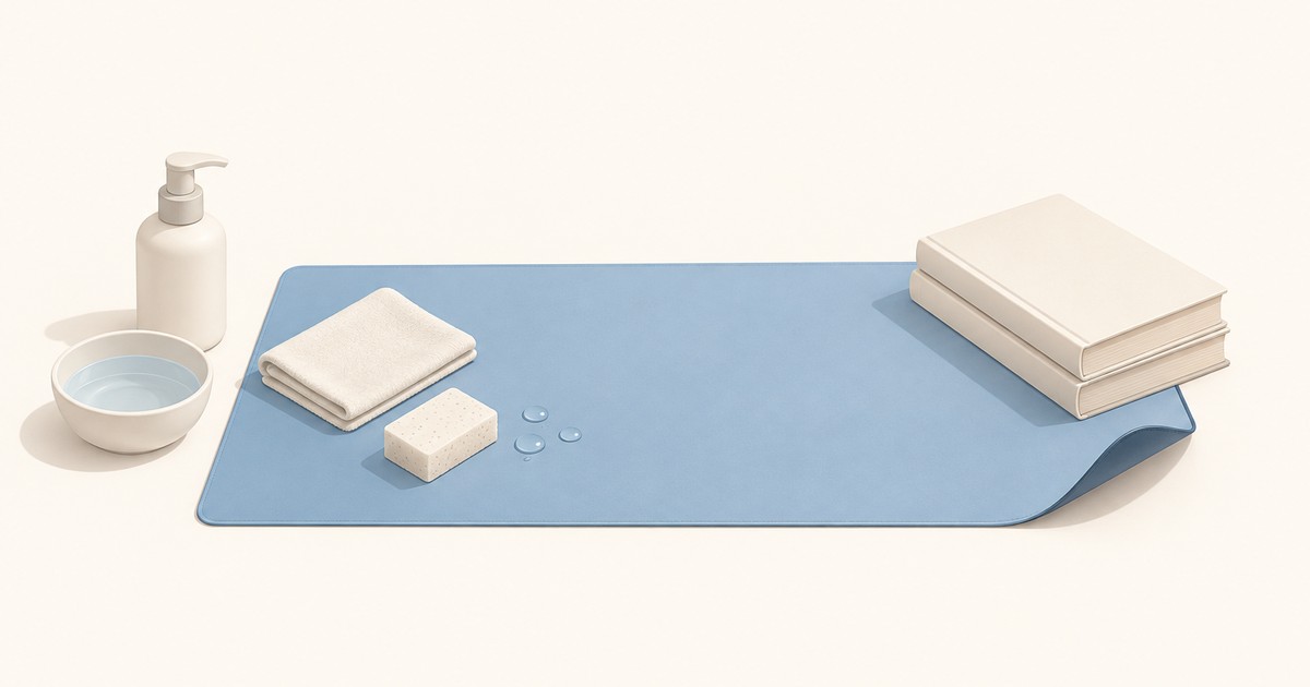 Blue desk mat with a folded towel, sponge and water drops, a pump soap bottle and bowl of water beside it, and two books pressing down one curled corner