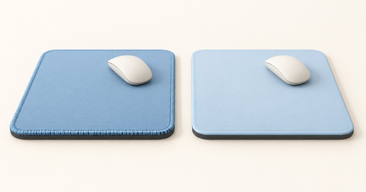 Two blue desk mats side by side with white mice, the left with a thick stitched edge and the right with a smooth heat-sealed rim, on a cream surface.